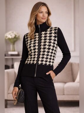 Toccin Houndstooth Zip-Up Knit Sweater Jacket Size L